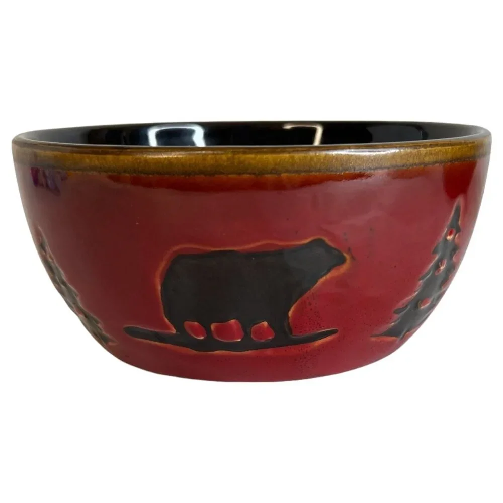 2 Woodland Home Studio Red Ceramic Cereal Bowls Bear & Pine Tree Design‎ Soup